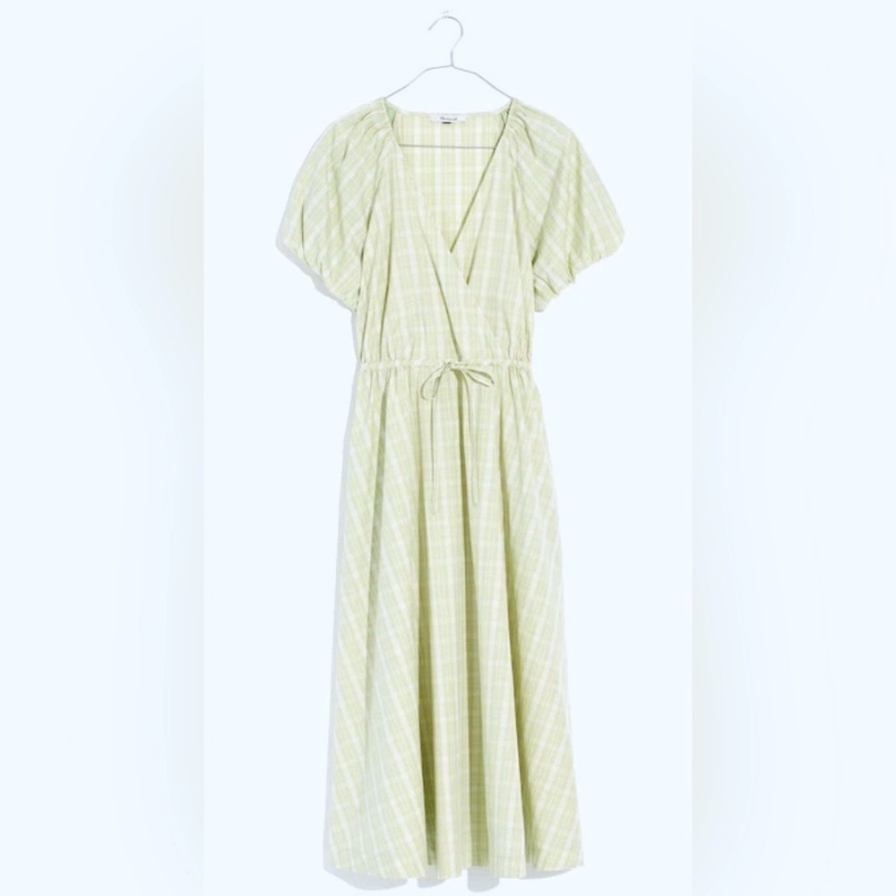 Madewell S Small Green Plaid Wrap Tie Waist Midi Dress Faded Seagrass Sage